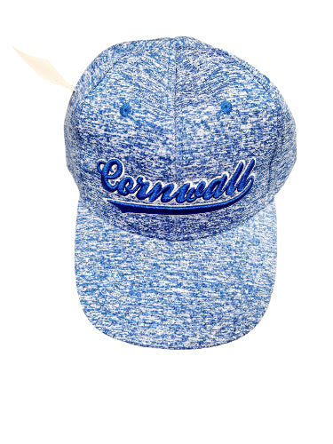 Blue and white speckled cap with 'Cornwall' text on a beige background