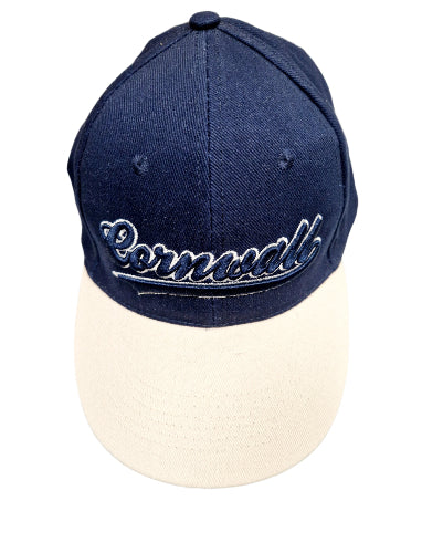 Navy blue and beige cap with 'Cornwall' embroidery on a white background