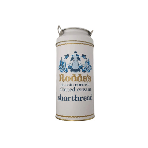 Canister of Rodda's classic cornish clotted cream shortbread on a white background