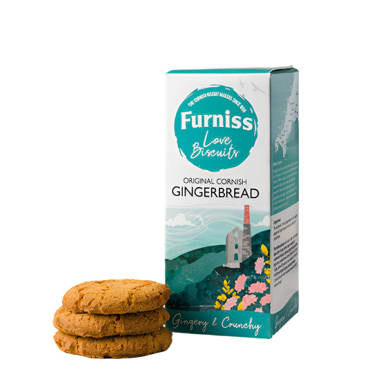 Packaging of Furniss Original Cornish Gingerbread with the product name and an image of the biscuits visible. The box displays the Furniss logo and a scenic view of Cornwall.