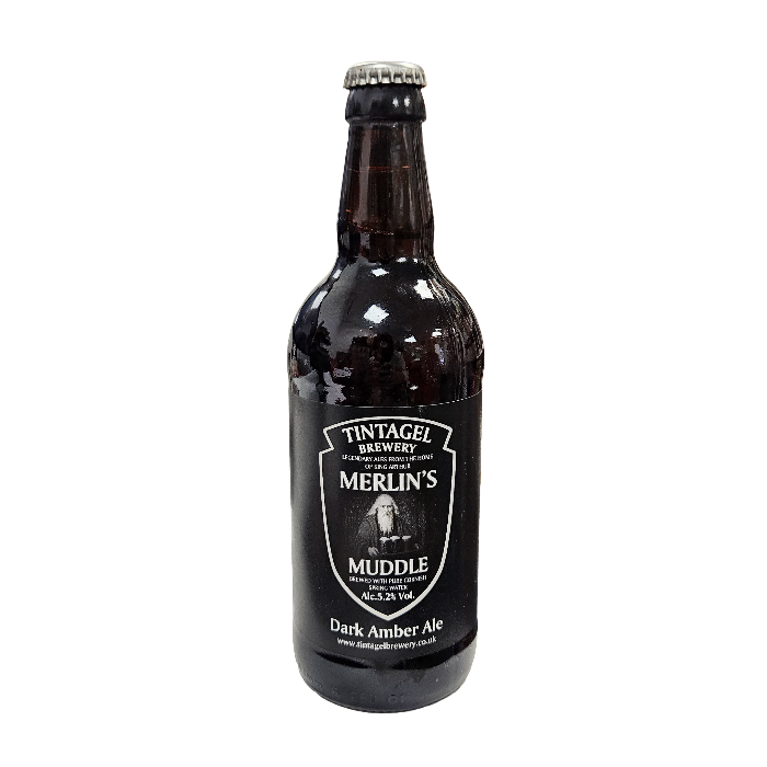 A dark amber beer bottle with a black label reading 'Tintagel Brewery Merlin's Muddle Dark Amber Ale' on a plain white background.