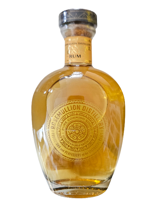 A bottle of Ros Million Distill Rum with golden amber liquid inside a clear glass bottle, featuring a gold label and a dark cap, isolated on a white background.