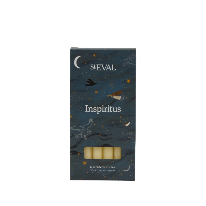 S Eval Inspiritus 6 scented candles in a dark blue illustrated box with stars, birds, and a crescent moon, shown on a white background.