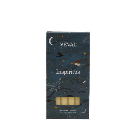 S Eval Inspiritus 6 scented candles in a dark blue illustrated box with stars, birds, and a crescent moon, shown on a white background.