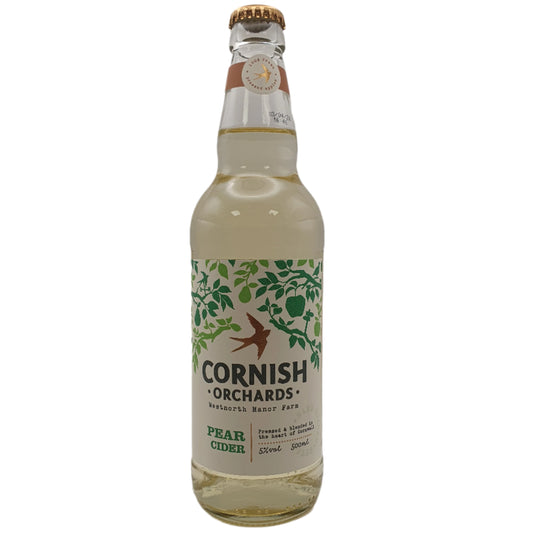 Bottle of Cornish Orchards pear cider on a white background