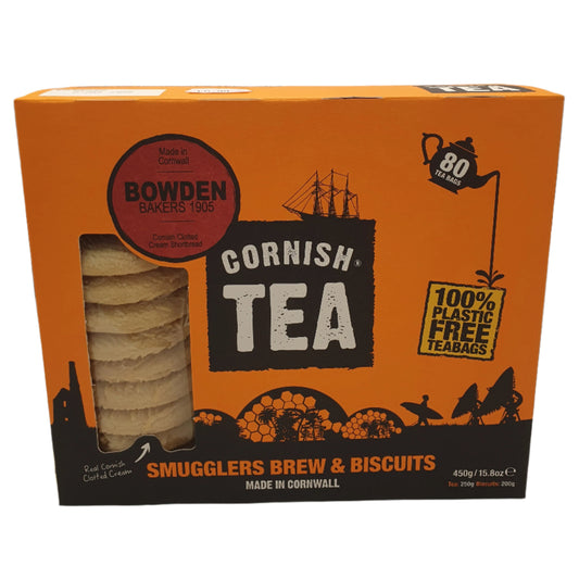 Box of Cornish Tea with biscuits on an orange background