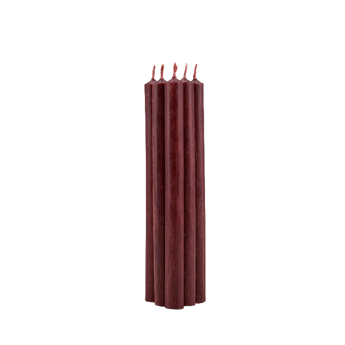 A set of five tall, dark red wax taper candles standing upright in a tight cluster on a plain white background.