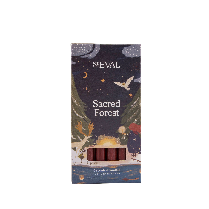 St Eval Sacred Forest 6 scented candle box, featuring a dark forest-themed illustration with a stag, owl, stars, and moon, with a clear window showing the reddish-brown candles inside.