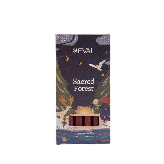 St Eval Sacred Forest 6 scented candle box, featuring a dark forest-themed illustration with a stag, owl, stars, and moon, with a clear window showing the reddish-brown candles inside.